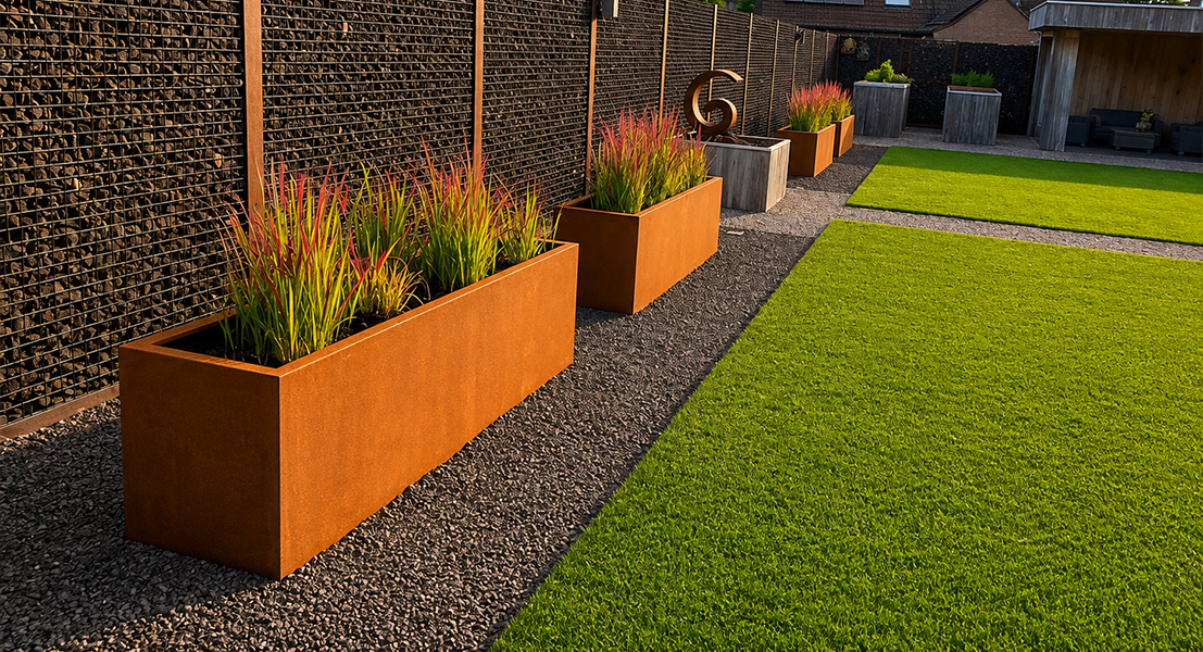 Alignement de jardinières Corten rectangulaires plantées de hautes graminées le long d’un jardin.