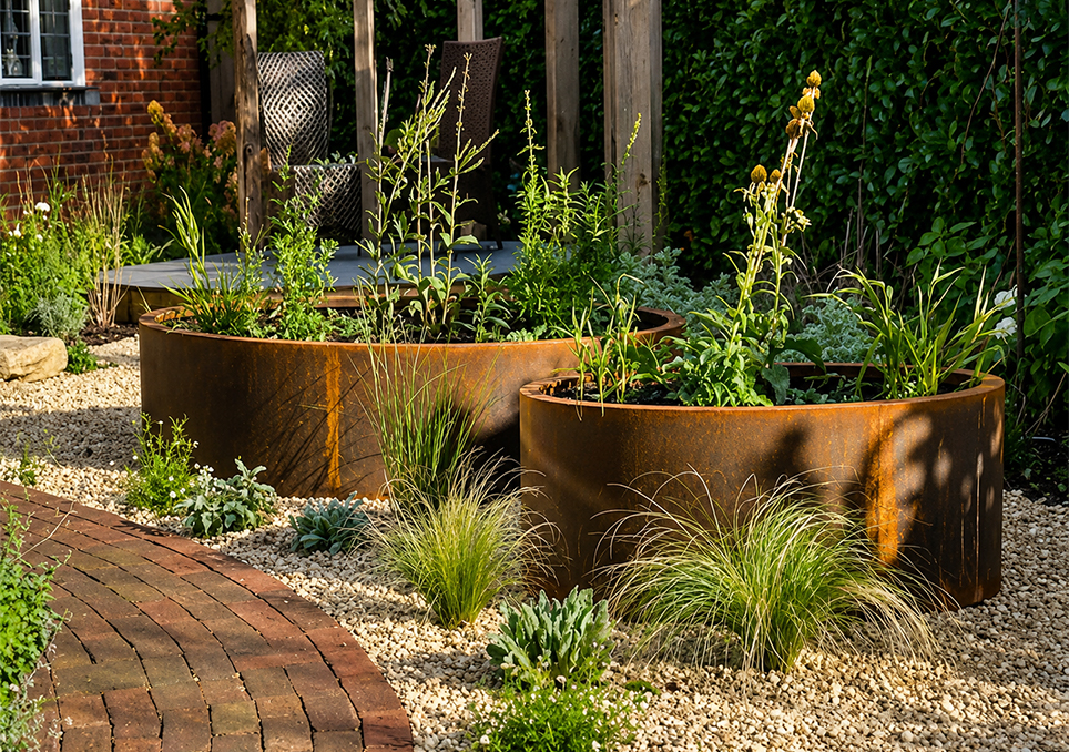 Deux jardinières Corten rondes et courbes plantées de vivaces dans un jardin paysager.