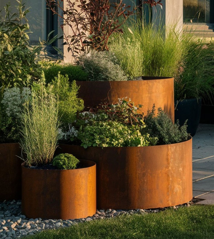 Composition de jardinières rondes en acier Corten de différentes hauteurs plantées d’arbustes, de graminées et de plantes aromatiques.