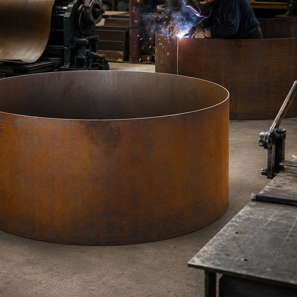 Fabrication d’une jardinière Corten ronde avec roulage de la tôle et soudure du cylindre dans un atelier de métallerie.