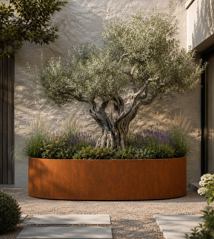 Grande jardinière ronde en acier Corten accueillant un olivier dans un patio d’hôtel au style méditerranéen.