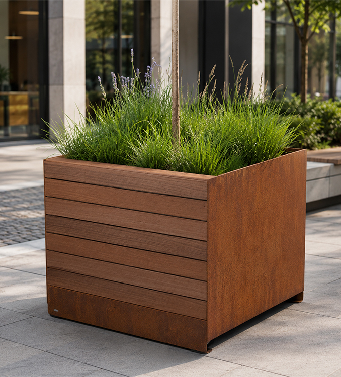 Jardinière carrée en acier Corten avec habillage en bois, plantée de graminées et d’un jeune arbre dans un espace extérieur contemporain.