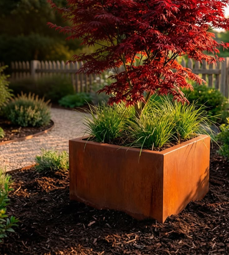 Jardinière carrée en acier Corten accueillant un érable rouge et des graminées dans un jardin paysager.
