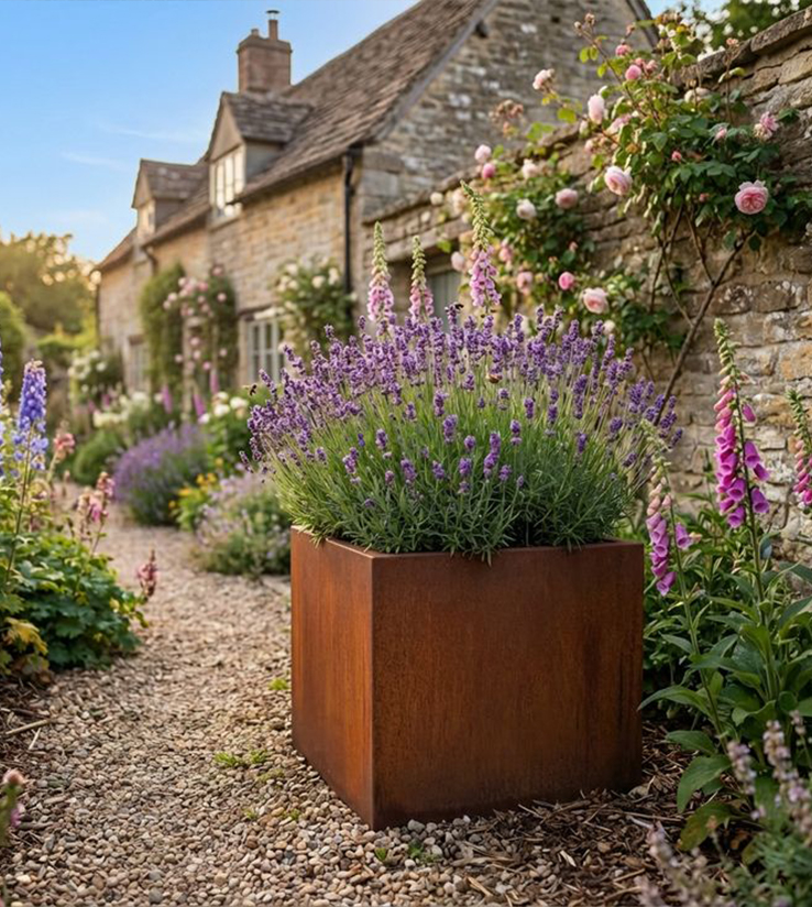 Jardinière carrée en acier Corten plantée de lavande dans le jardin fleuri d’une villa.