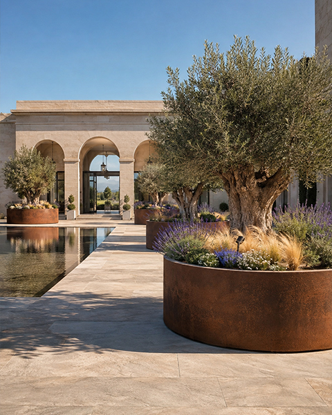 Jardinière circulaire XXL en acier Corten accueillant un grand olivier dans une cour méditerranéenne contemporaine.