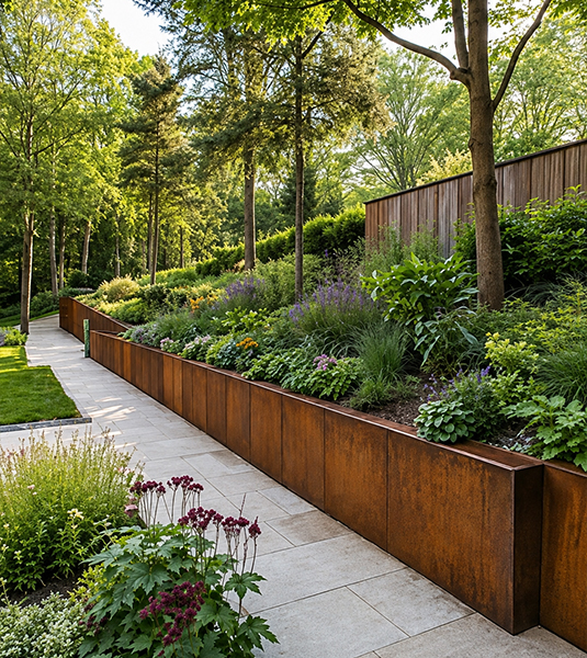 Longue jardinière en acier Corten accueillant un massif végétal fleuri le long d’une allée dans un jardin paysager.