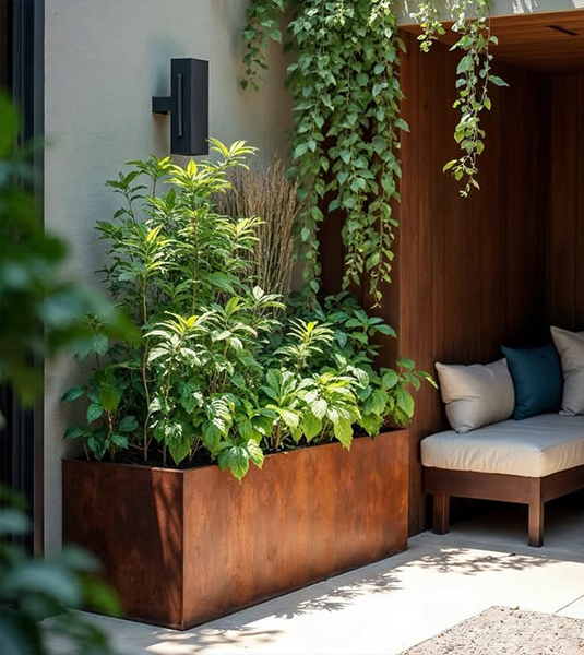 Jardinière rectangulaire en acier Corten plantée d’arbustes dans le patio contemporain d’une villa.