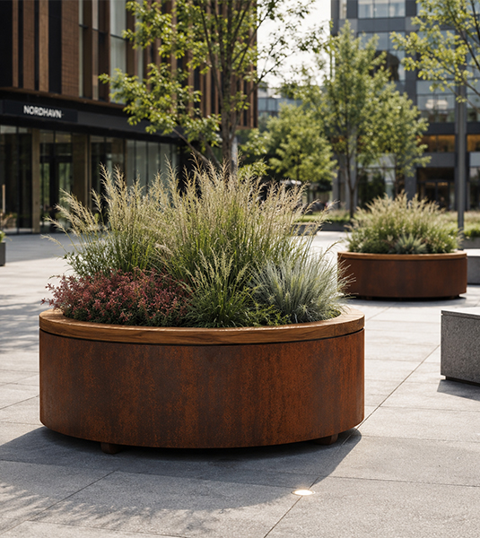 Jardinière ronde en acier Corten avec assise circulaire en bois, plantée de graminées sur une place contemporaine.