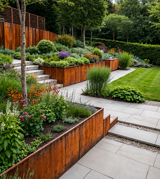 Jardinières en acier Corten de grandes dimensions disposées en terrasses dans un jardin en pente richement planté.