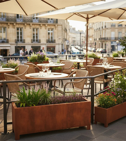 Terrasse de restaurant aménagée avec des jardinières rectangulaires en acier Corten remplies de fleurs et de plantes décoratives.